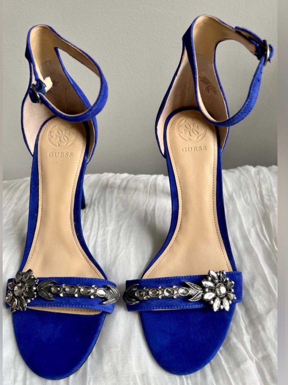 Guess Partyer Ankle Strap Heels Blue Silver Metallic High Sandal Heels 9 - Picture 3 of 7